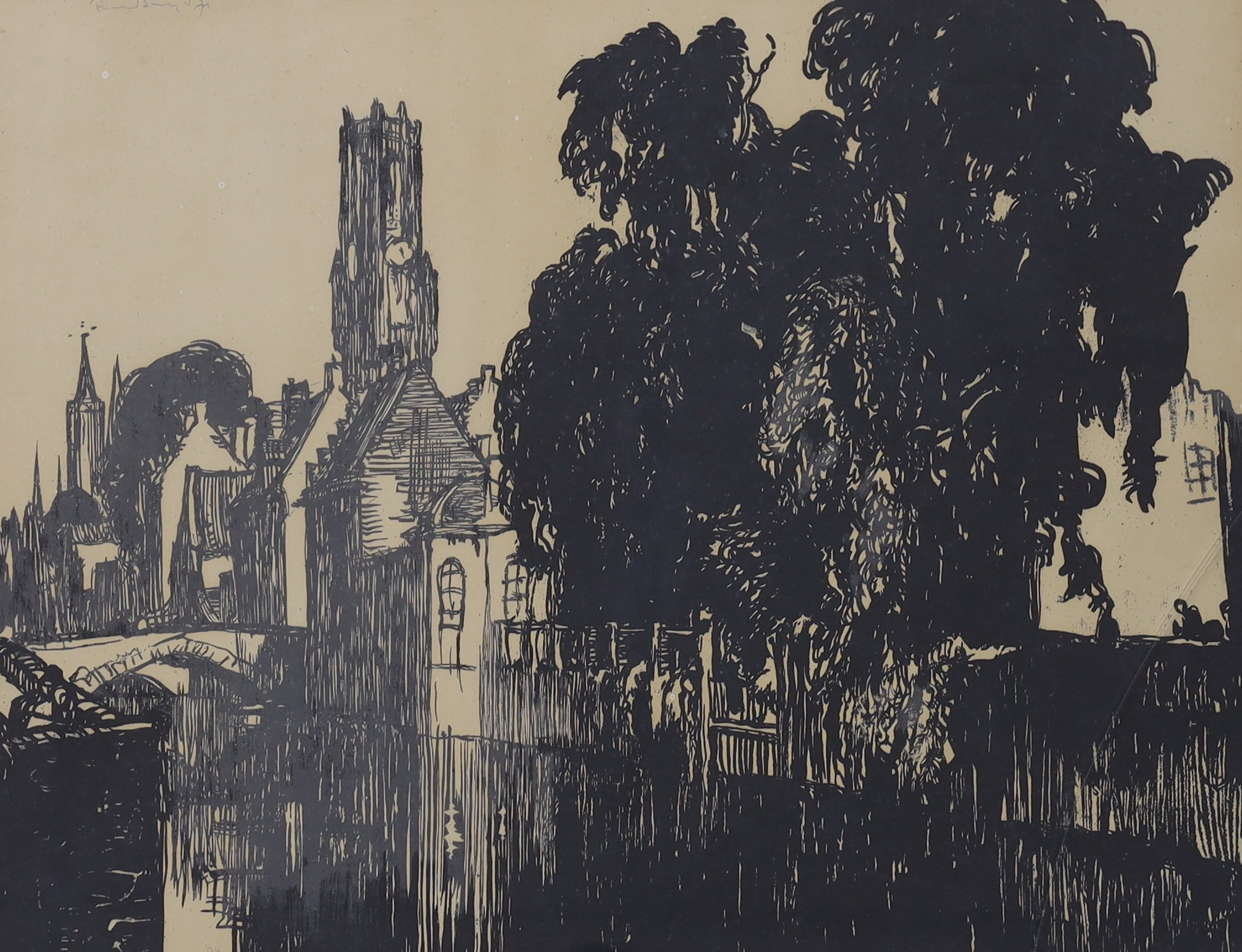 Sir Frank Brangwyn (1867-1956), lithograph, 'The Belfry, Bruges', signed in pencil, 36 x 49cm